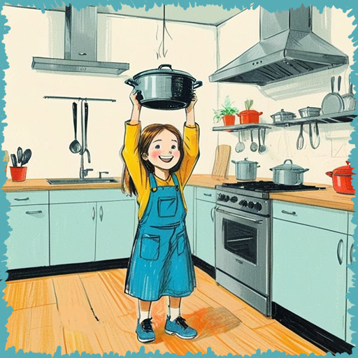 A child is holding a large saucepan in a kitchen