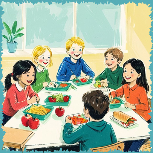 Happy children eating school lunches