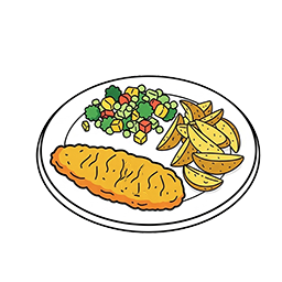 Breaded pollock, potato wedges and mixed vegetables