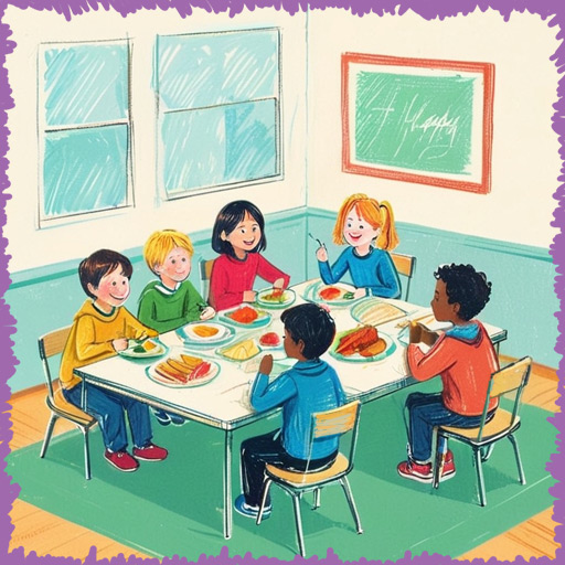 Some children sit eating school lunch