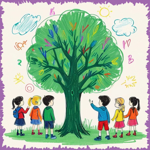 A group of children by a tree, sustainable environmental message